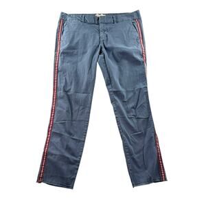 Nili Lotan East Hampton Pants 6 Slate Blue Twill Cropped Raw Hem Side Stripe
